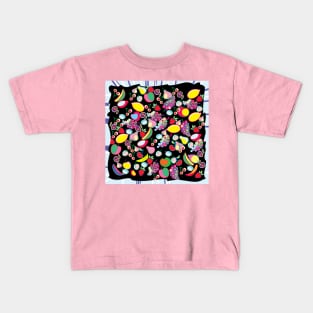 decorative bright fruits, doodle, on a black background Kids T-Shirt